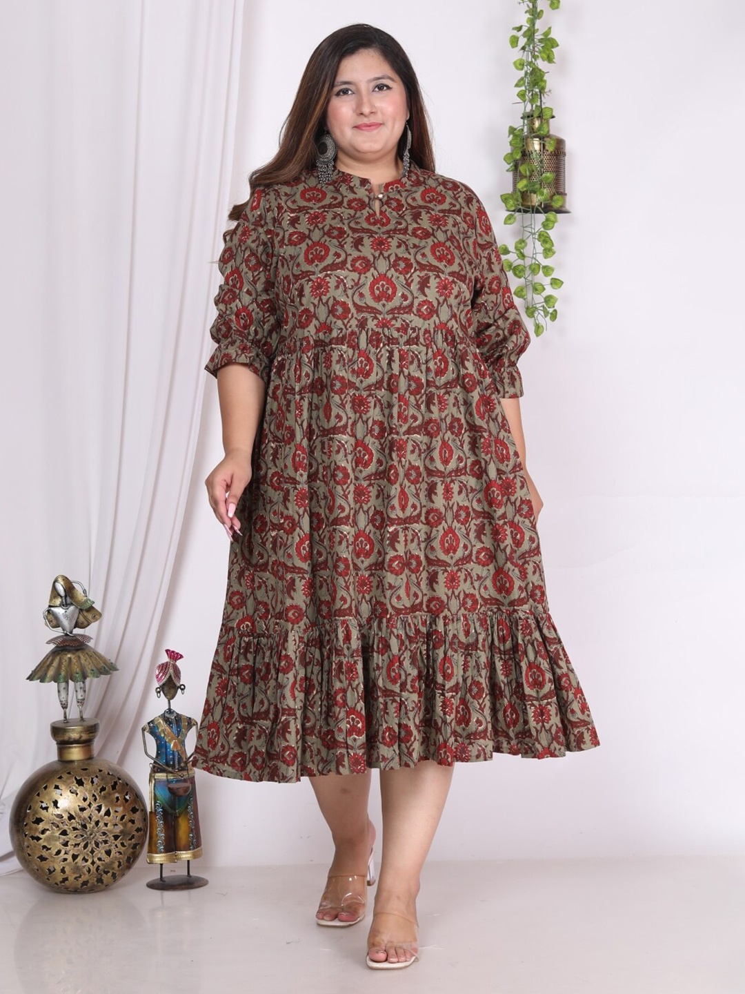 

Swasti Plus Size Floral Printed Mandarin Collar Puffed Sleeves Fit & Flare Midi Dress, Rust