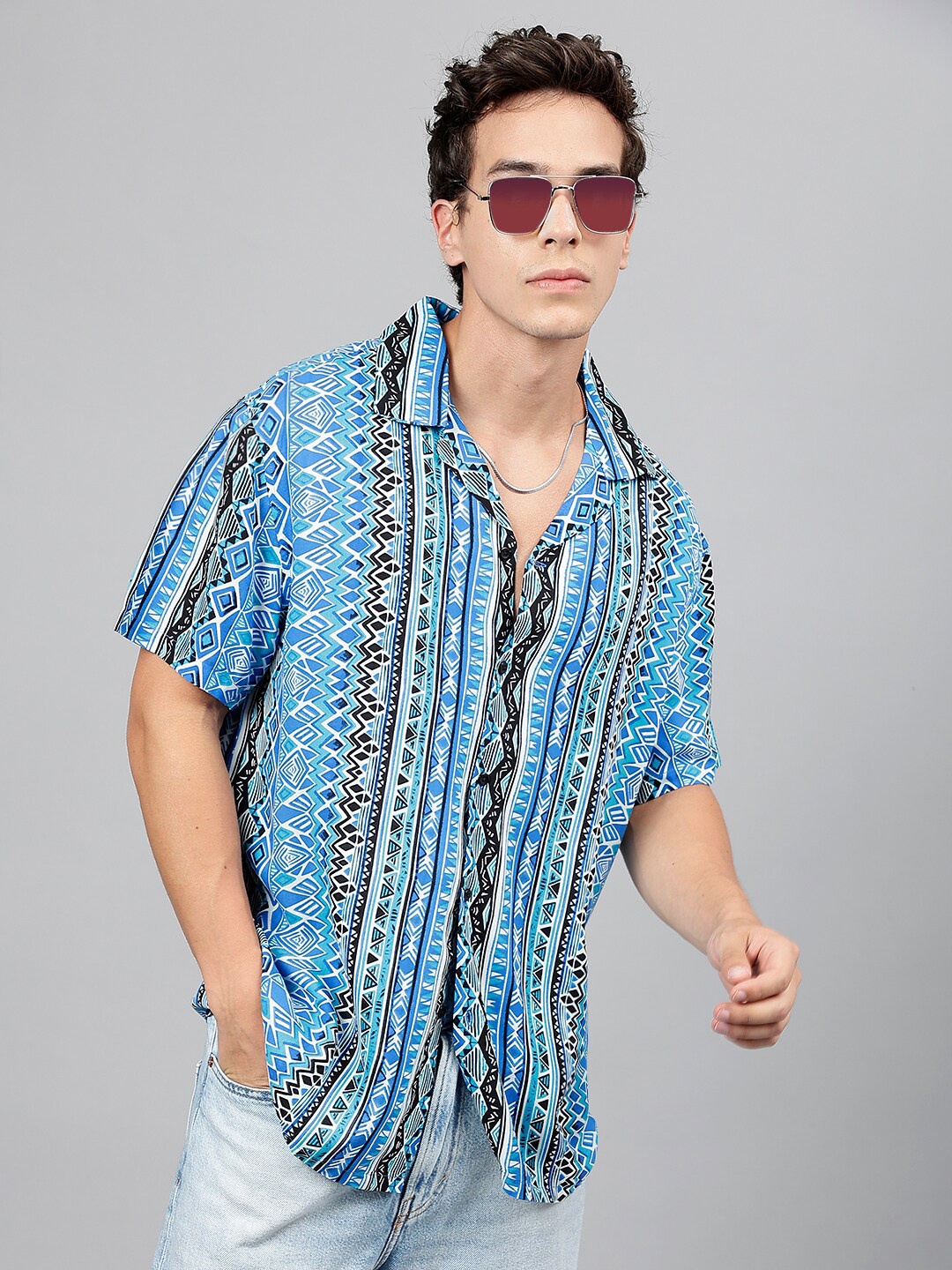 

English Navy Relaxed Geometric Printed Casual Shirt, Blue
