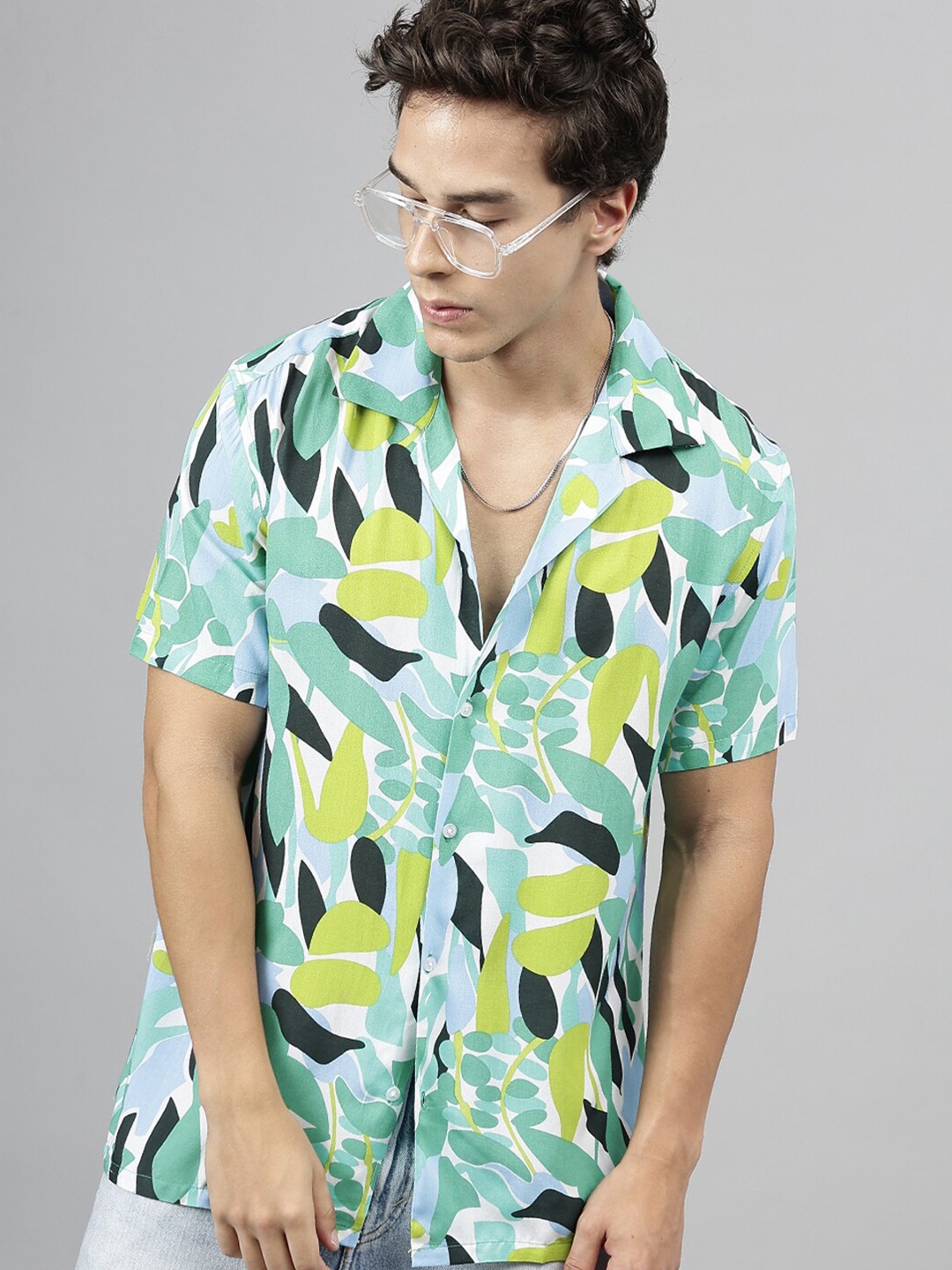 

English Navy Relaxed Abstract Printed Casual Shirt, Green