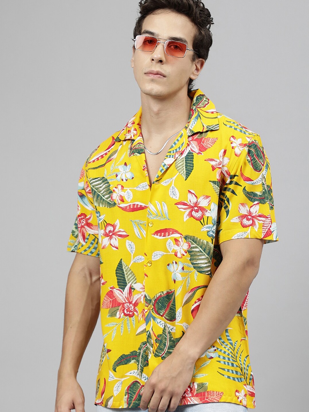

English Navy Relaxed Floral Printed Casual Shirt, Yellow