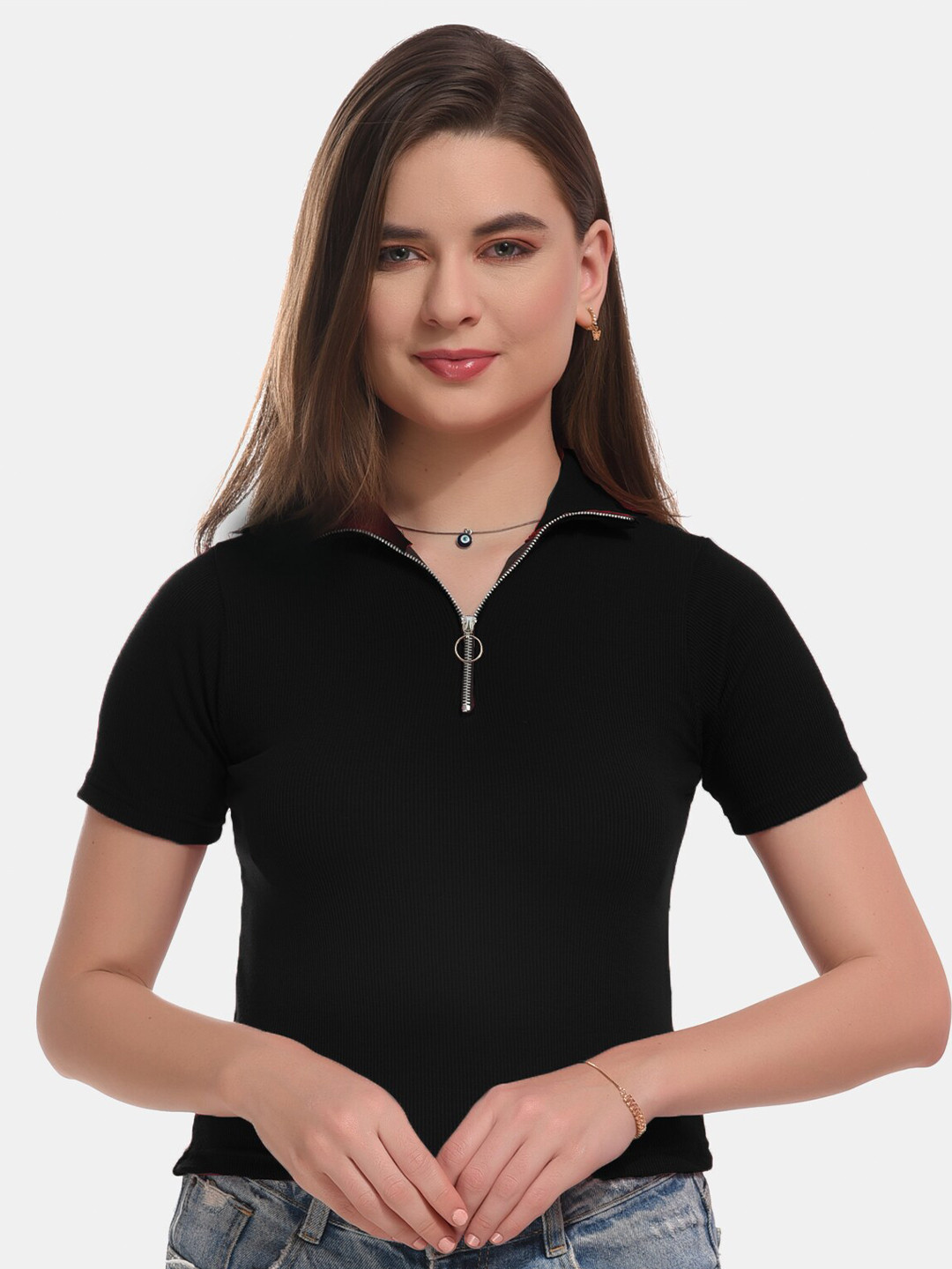 

Boleem Shirt Collar Cotton Fitted Crop Top, Black
