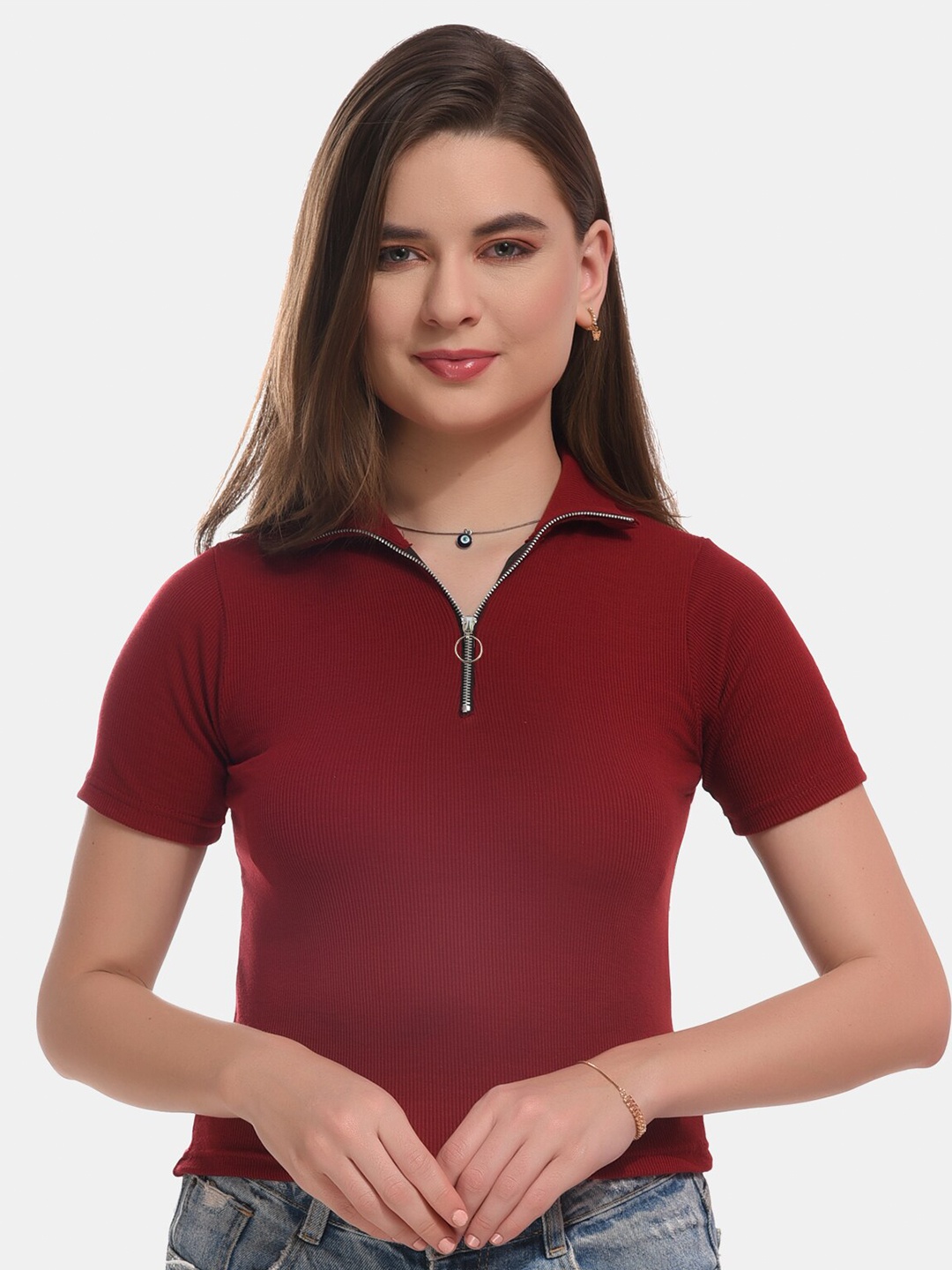 

Boleem Shirt Collar Cotton Fitted Crop Top, Maroon