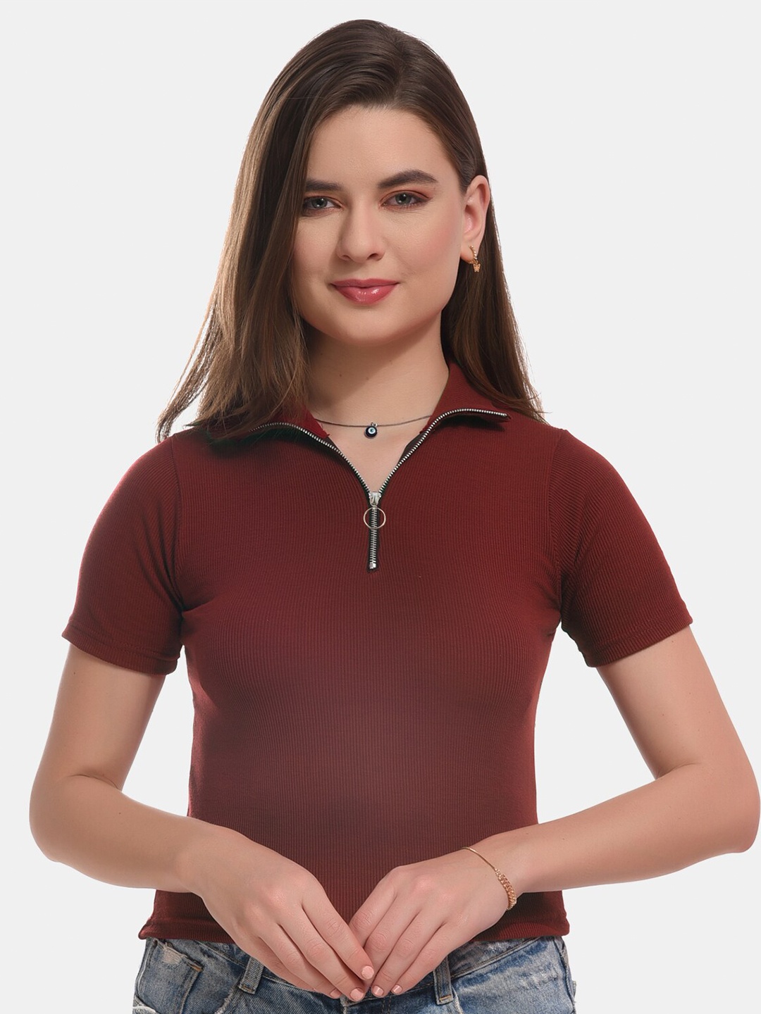 

Boleem Shirt Collar Cotton Fitted Crop Top, Brown