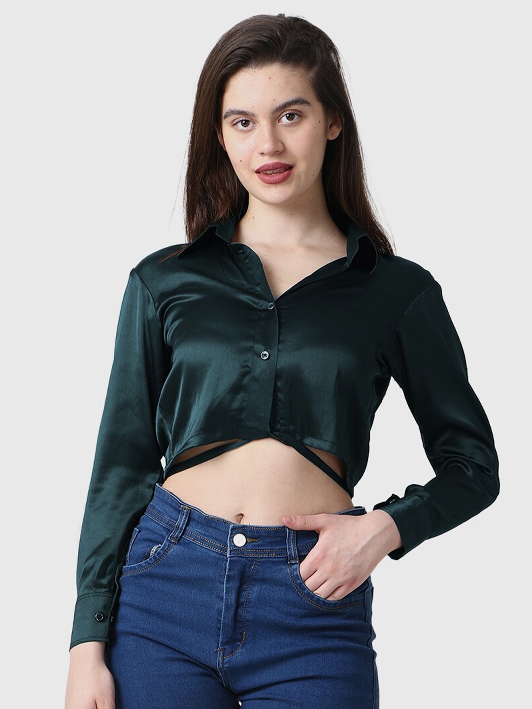 

CareDone Satin Shirt Style Crop Top, Green