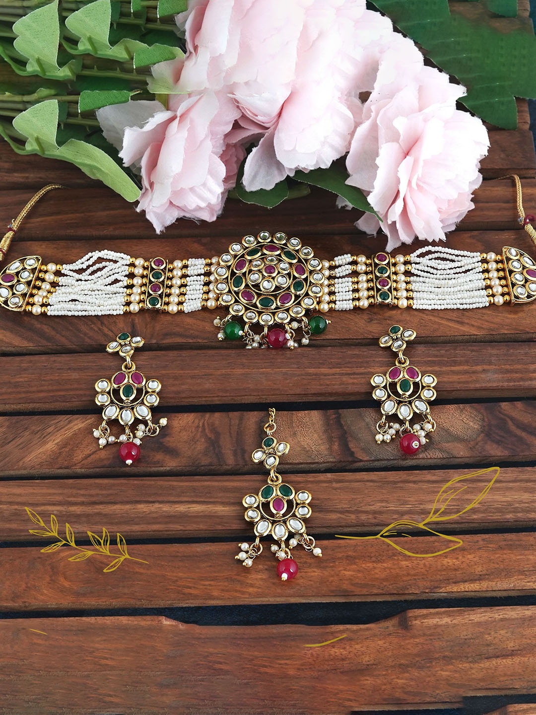 MANSIYAORANGE Gold-Plated Kundan-Studded & Artificial Beaded Jewellery Set