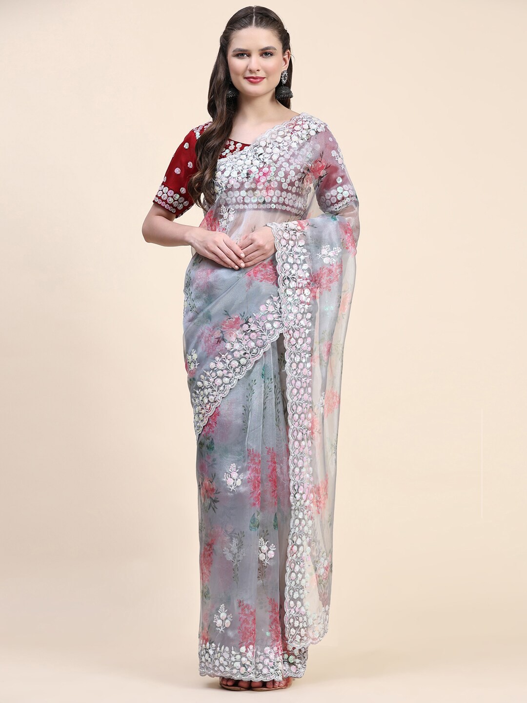 

Anouk Grey Embellished Embroidered Organza Saree