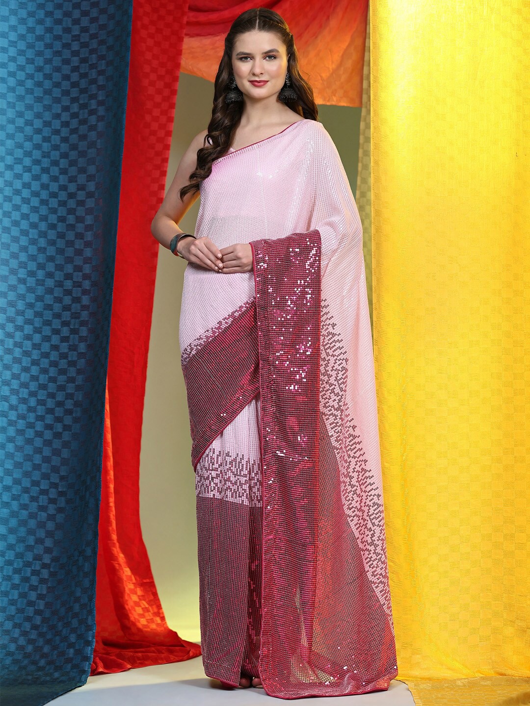

Anouk Pink Embellished Sequinned Pure Georgette Saree