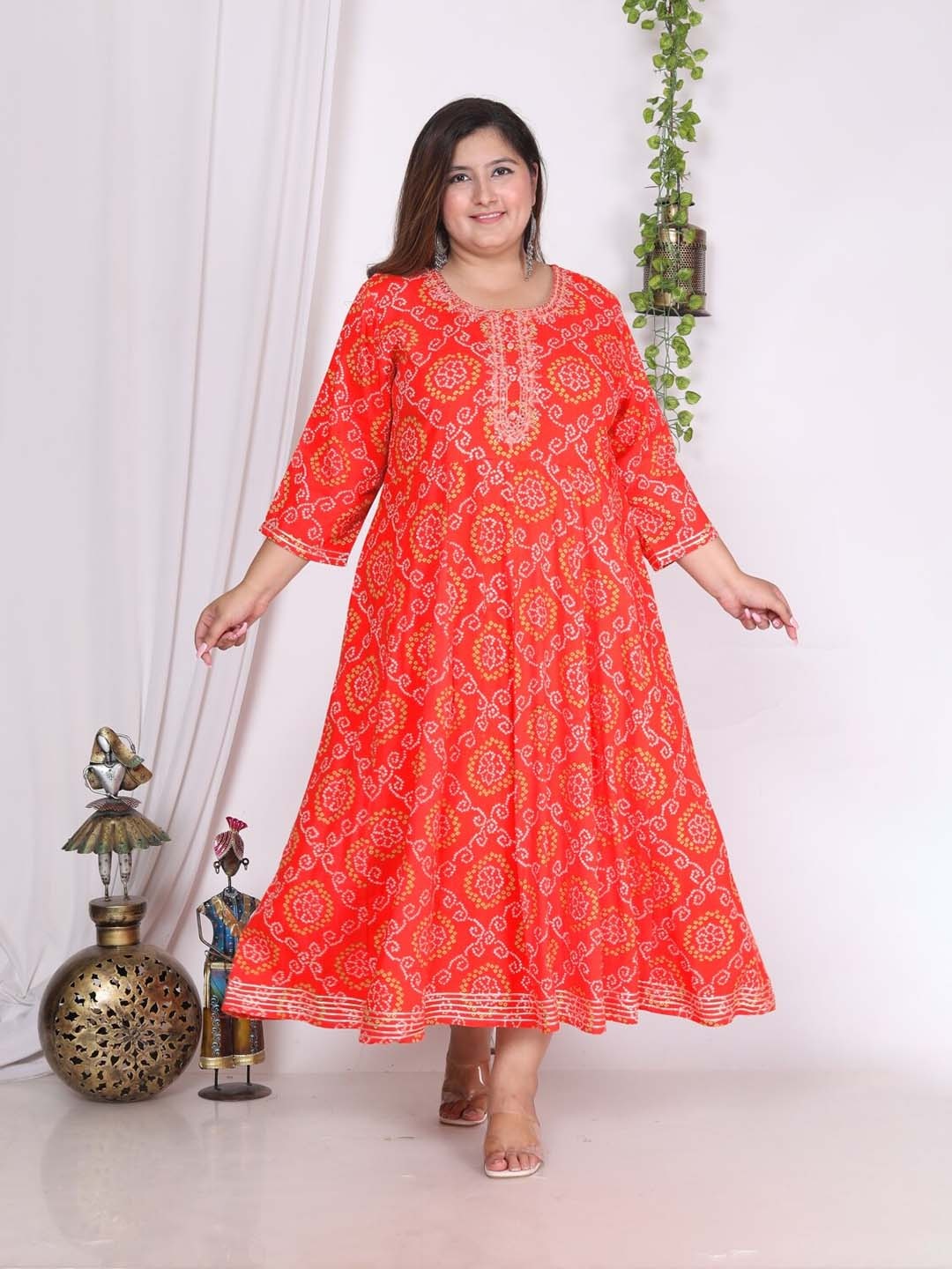 

Swasti Plus Size Bandhani Printed Embroidered Maxi Gown, Orange