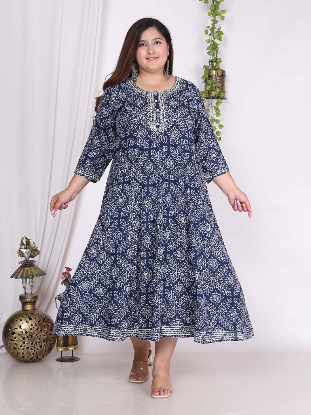 

Swasti Plus Size Bandhani Printed Embroidered Maxi Gown, Blue