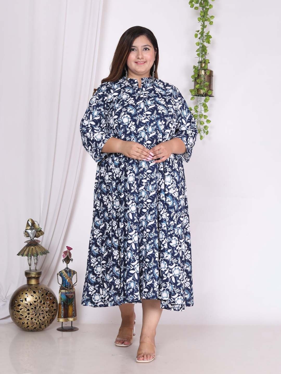 

Swasti Plus Size Floral Printed Mandarin Collar Fit and Flare Midi Dress, Blue