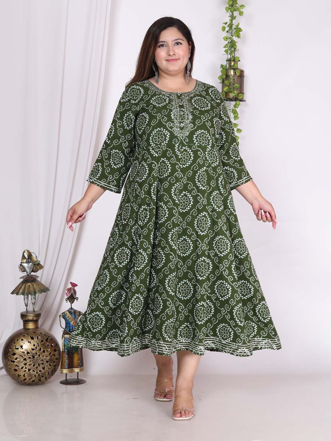 

Swasti Plus Size Ethnic Motifs Printed Fit and Flare Midi Dress, Green