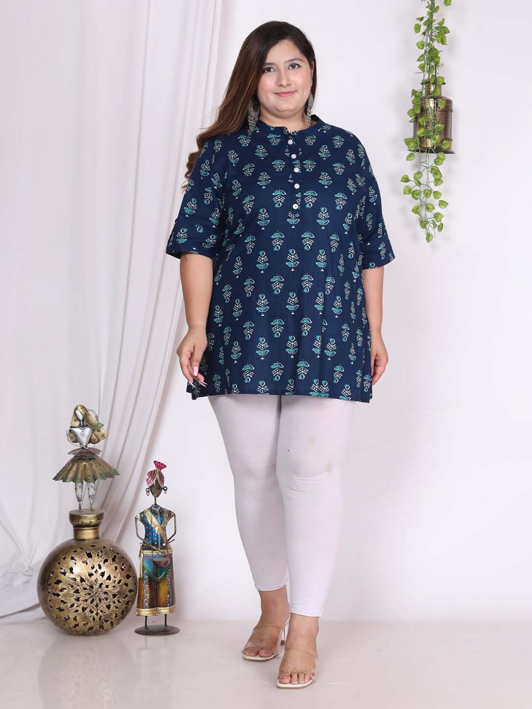 

Swasti Plus Size Floral Printed Mandarin Collar Pure Cotton Kurti, Navy blue