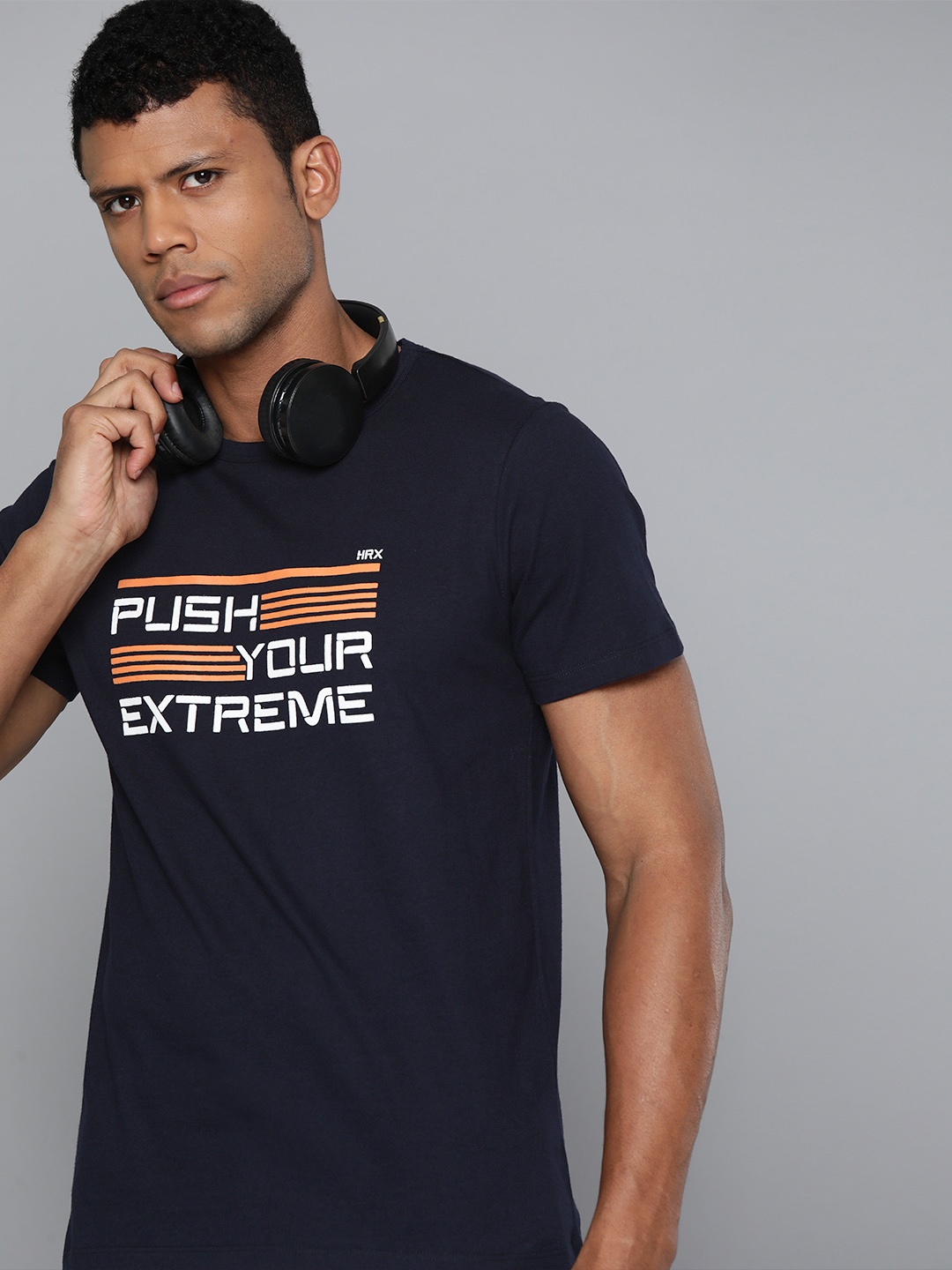

HRX by Hrithik Roshan Men Typography Printed Pure Cotton T-shirt, Navy blue