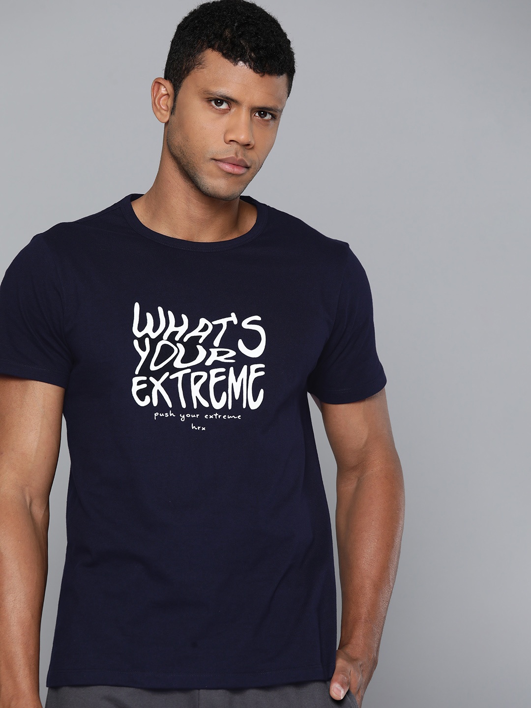 

HRX by Hrithik Roshan Men Typography Printed Pure Cotton T-shirt, Navy blue