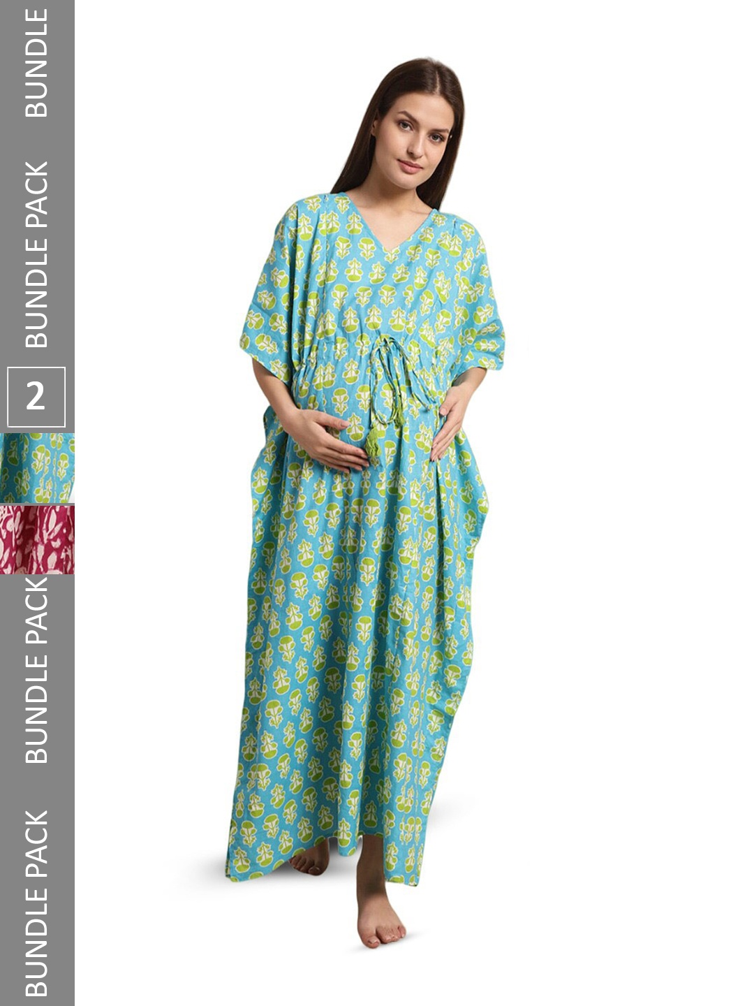 

Secret Wish Pack Of 2 Floral Printed Pure Cotton Maternity Kaftan Nightdress, Blue