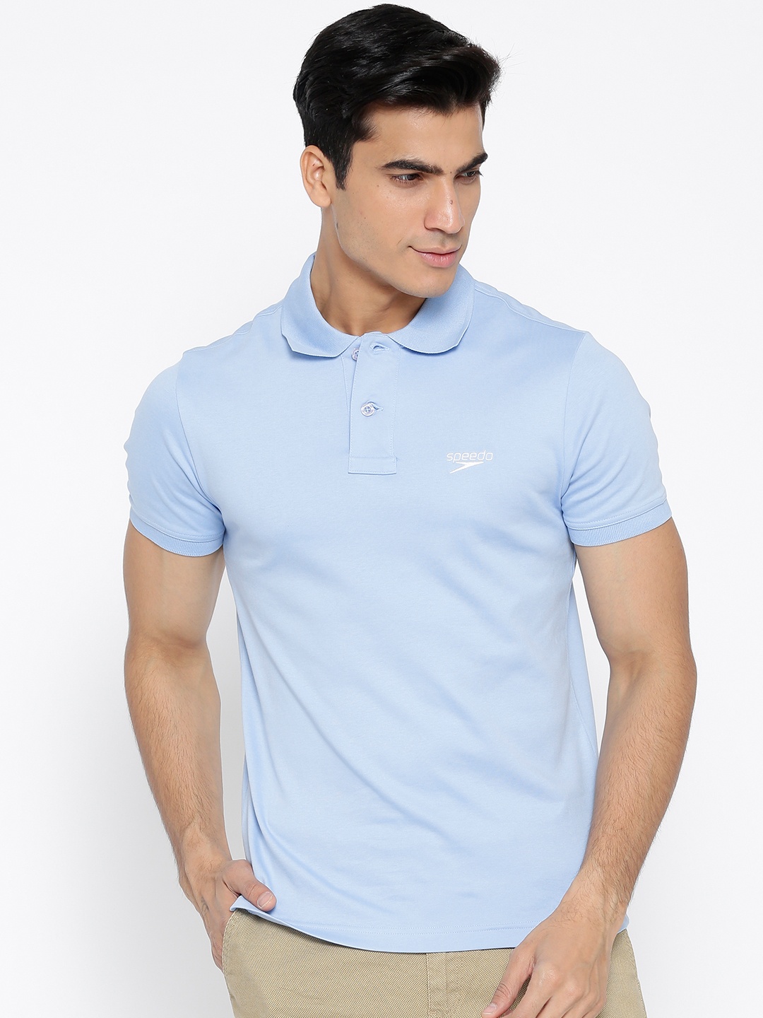 

Speedo Men Blue Solid Polo Collar Pure Cotton T-shirt