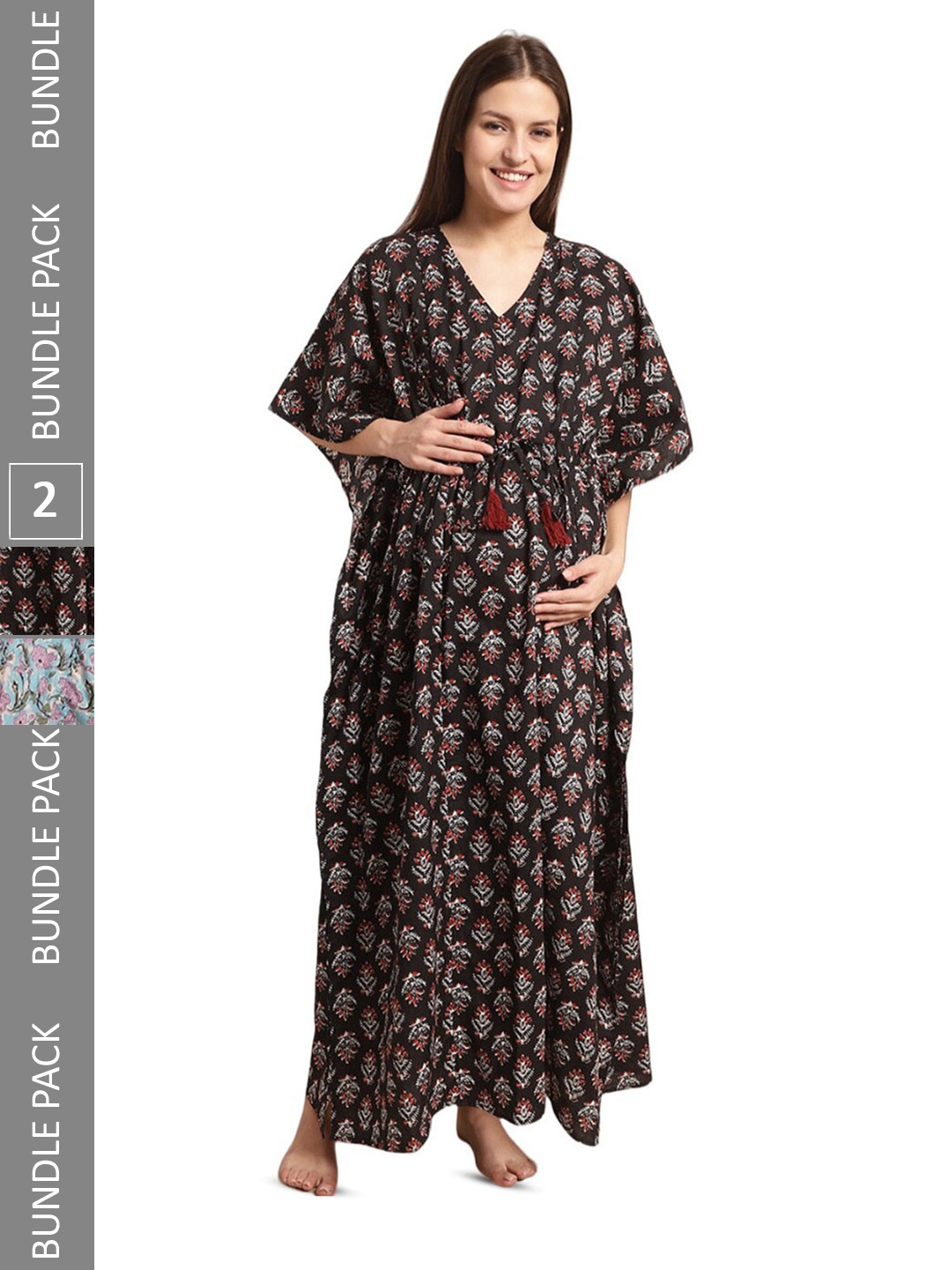 

Secret Wish Pack Of 2 Printed Pure Cotton Maternity Kaftan Nightdress, Black
