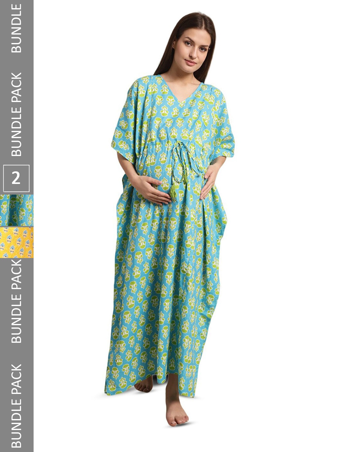 

Secret Wish Pack Of 2 Printed Pure Cotton Maternity Kaftan Nightdress, Yellow