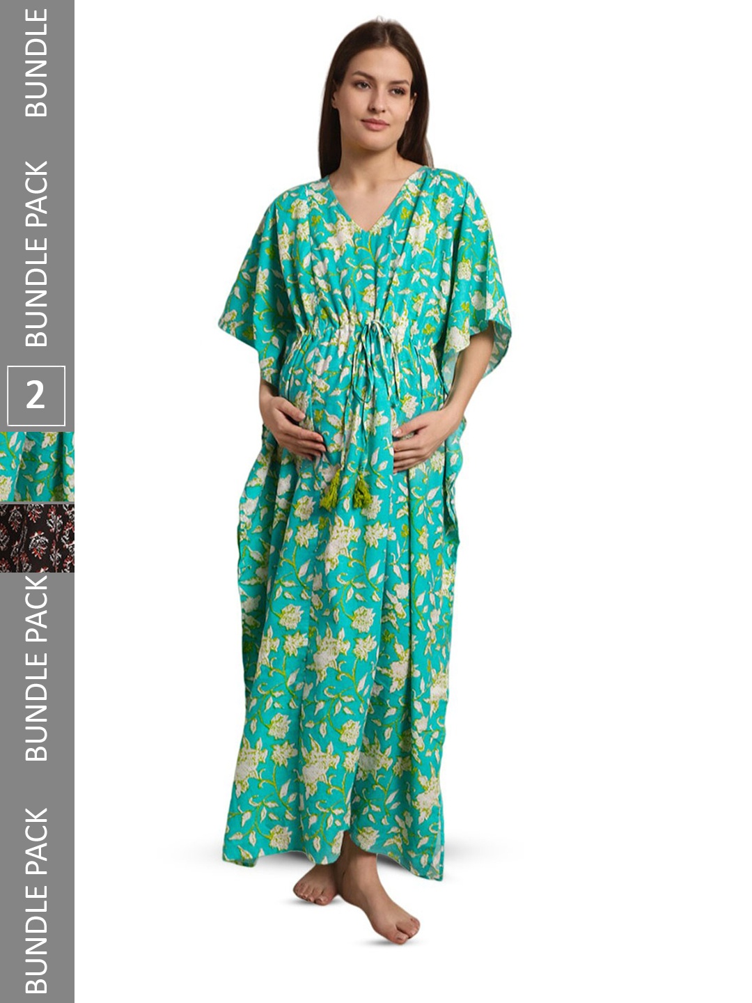 

Secret Wish Pack Of 2 Printed Pure Cotton Maternity Kaftan Nightdress, Green