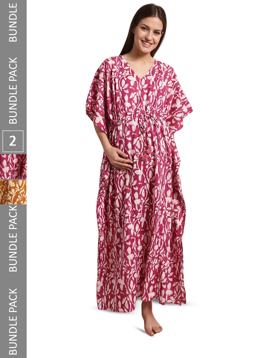 

Secret Wish Pack Of 2 Floral Printed Maternity Kaftan Nightdress, Mustard