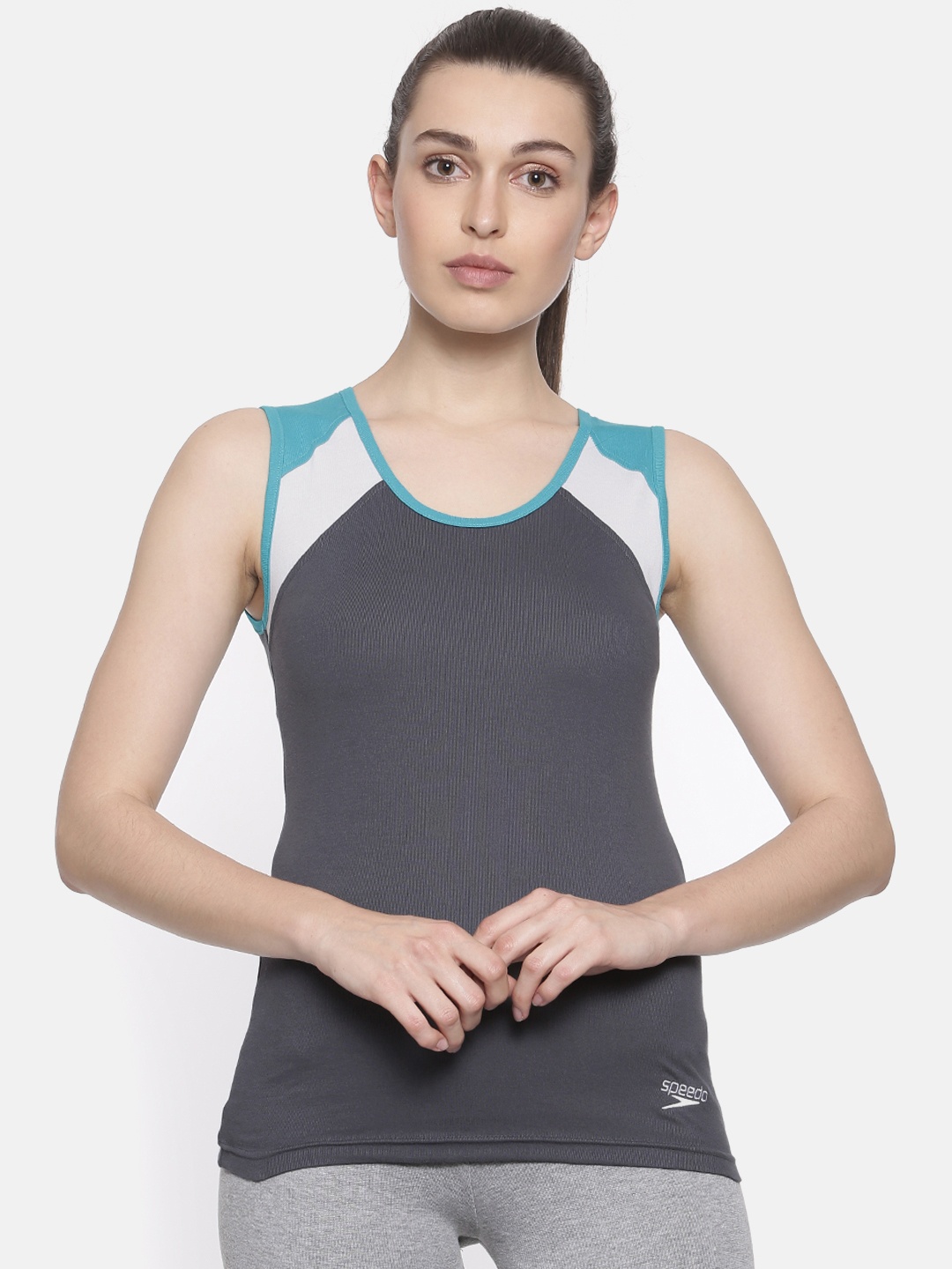 

Speedo Women Grey Solid Tank Pure Cotton Top