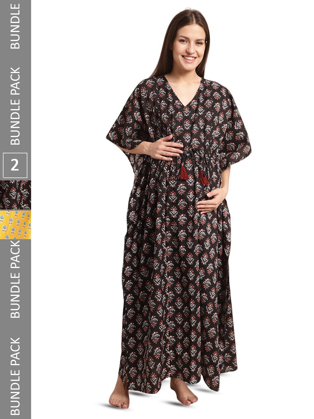 

Secret Wish Pack Of 2 Ethnic Motifs Printed Maternity Kaftan Nightdress, Yellow