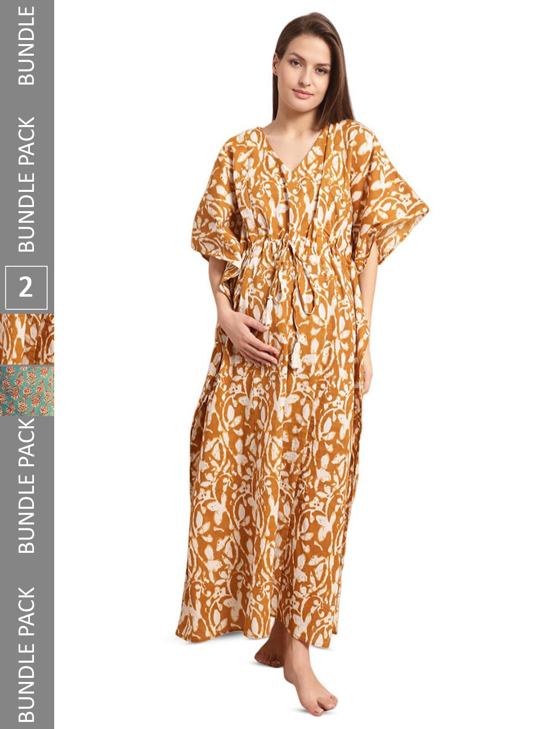 

Secret Wish Pack Of 2 Floral Printed Maternity Kaftan Nightdress, Mustard