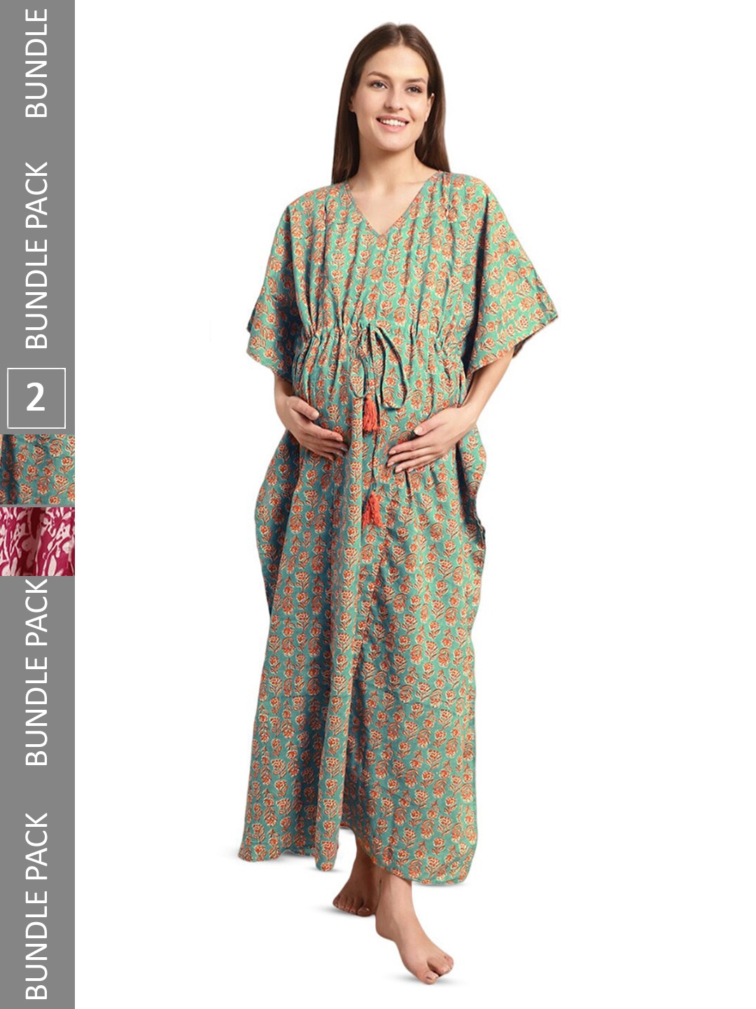 

Secret Wish Pack Of 2 Floral Printed Maternity Kaftan Nightdress, Green