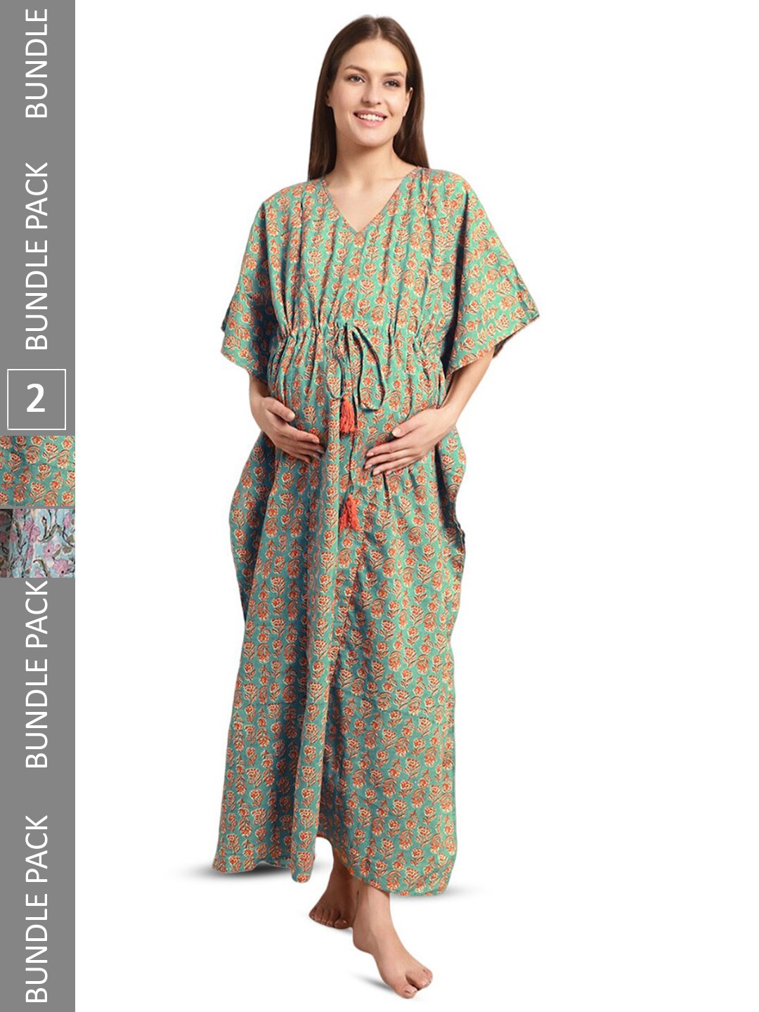 

Secret Wish Pack Of 2 Floral Printed Maternity Kaftan Nightdress, Green