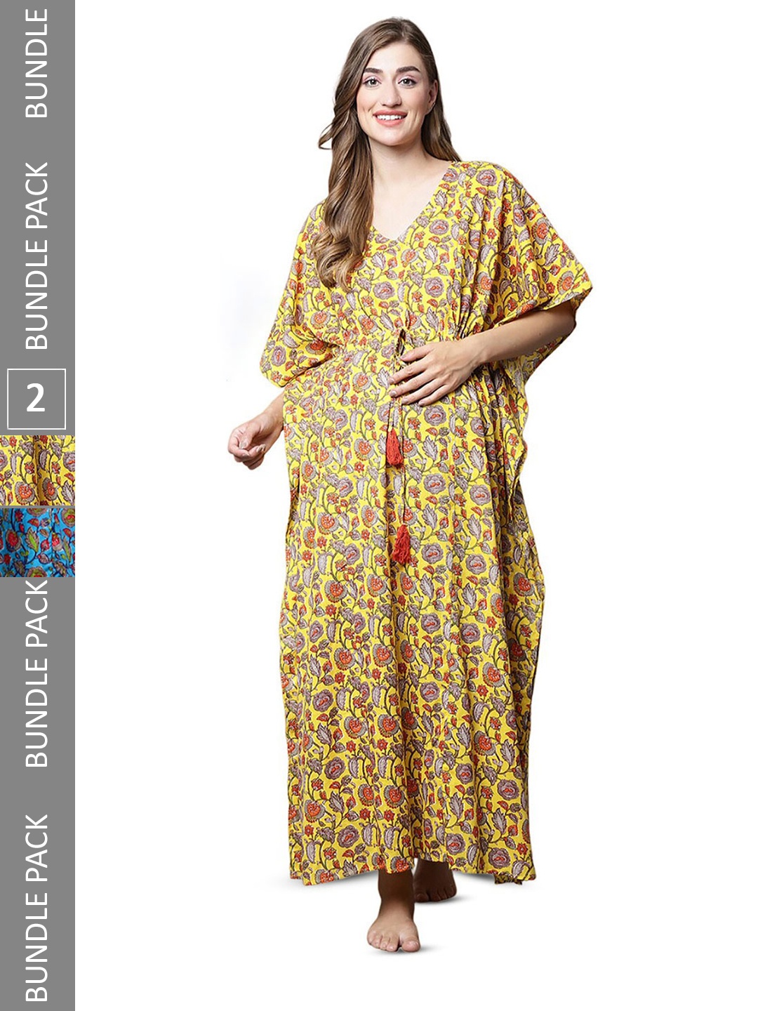 

Secret Wish Pack Of 2 Ethnic Motifs Printed Maternity Kaftan Nightdress, Blue