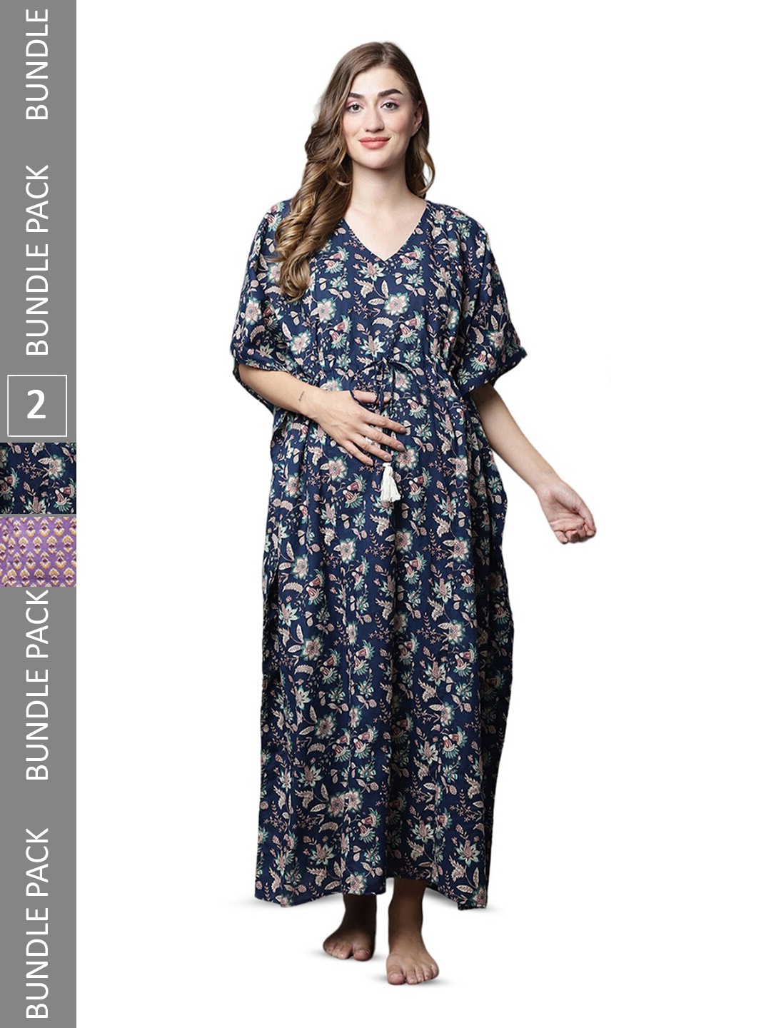 

Secret Wish Pack Of 2 Ethnic Motifs Printed Maternity Kaftan Nightdress, Purple