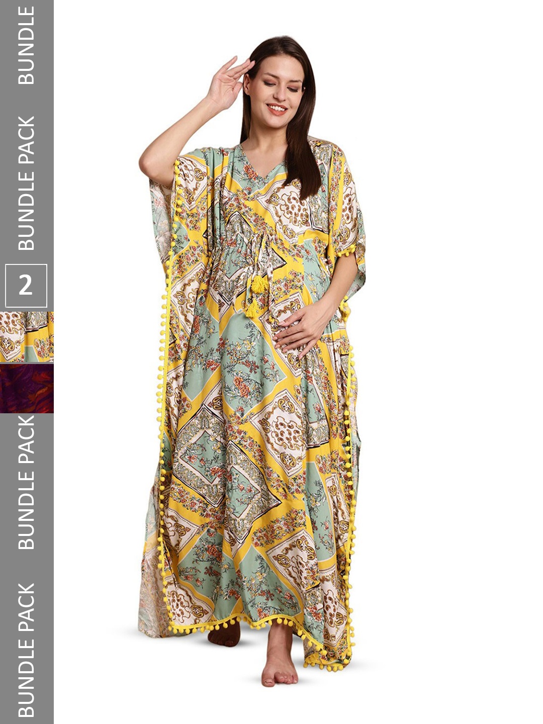 

Secret Wish Pack Of 2 Floral Printed Maternity Kaftan Nightdress, Yellow
