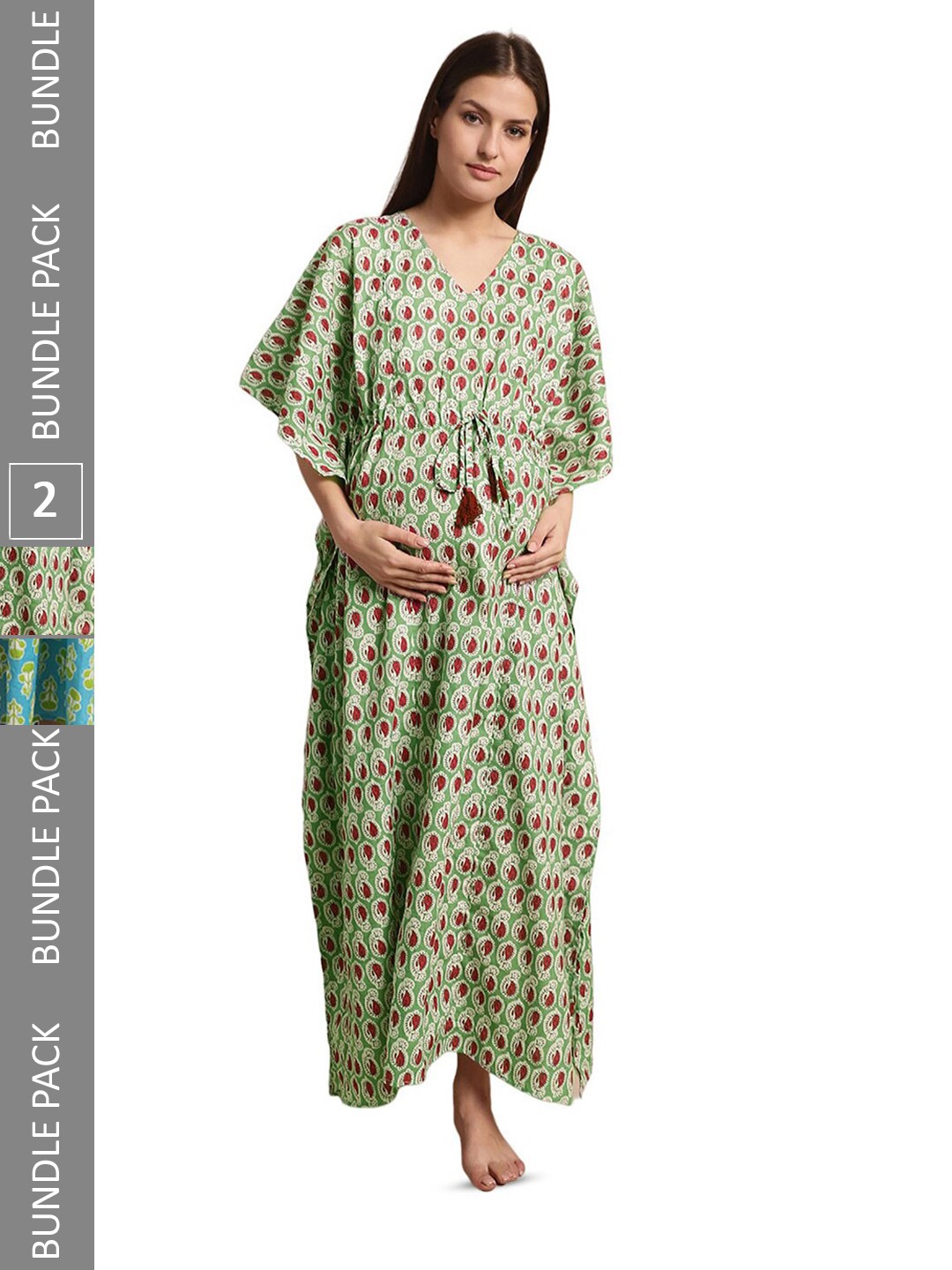 

Secret Wish Pack Of 2 Ethnic Motifs Printed Maternity Kaftan Nightdress, Green