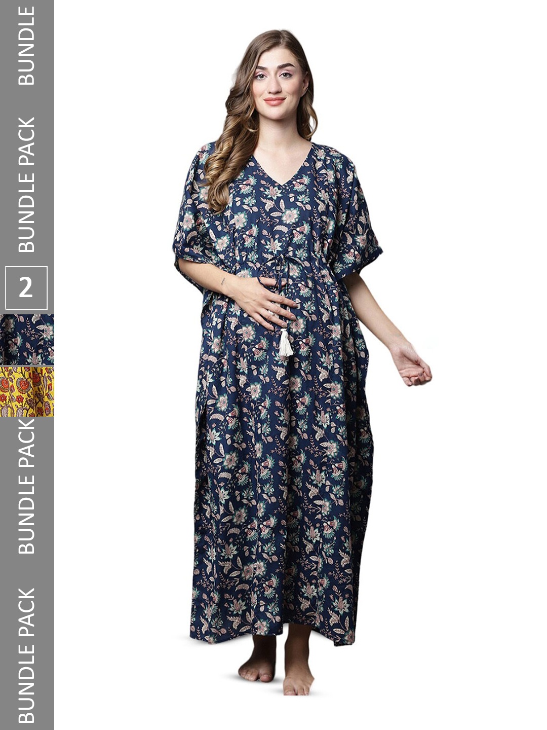 

Secret Wish Pack Of 2 Floral Printed Maternity Kaftan Nightdress, Navy blue