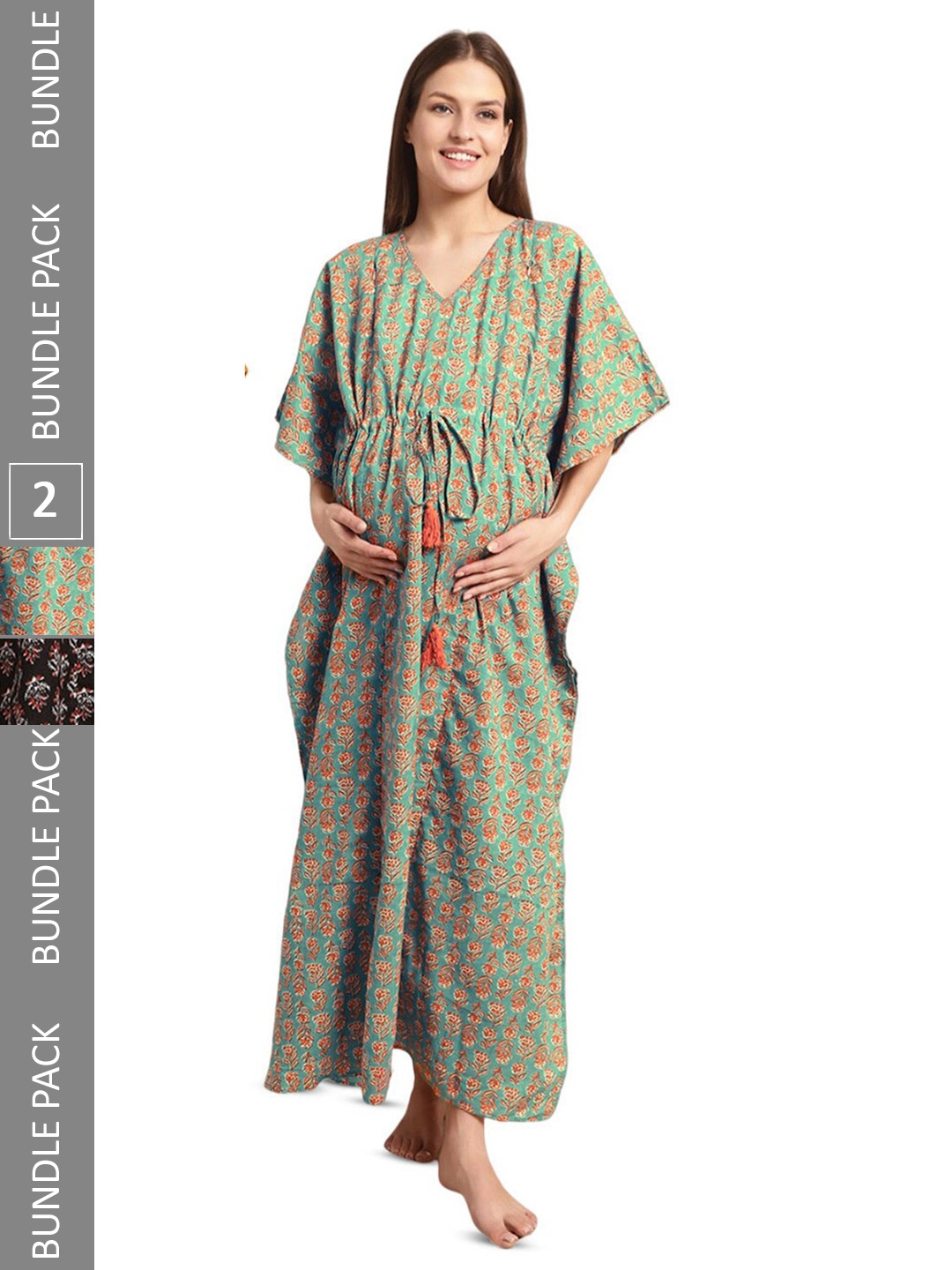 

Secret Wish Pack Of 2 Floral Printed Maternity Kaftan Nightdress, Green