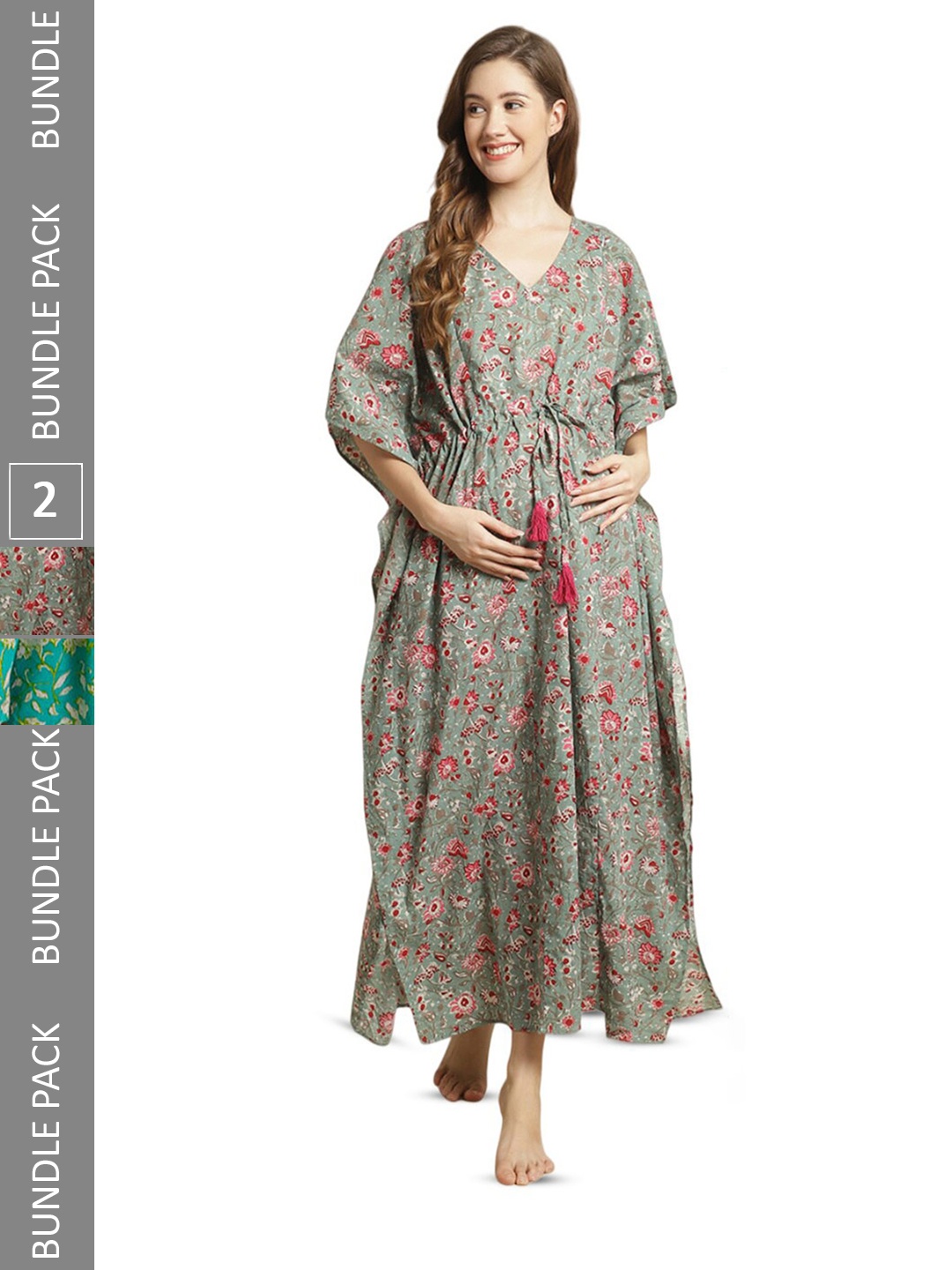 

Secret Wish Pack Of 2 Floral Printed Maternity Kaftan Nightdress, Green