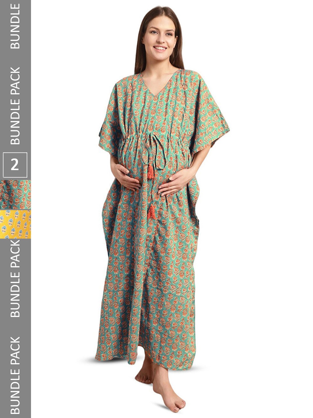 

Secret Wish Pack Of 2 Ethnic Motifs Printed Maternity Kaftan Nightdress, Yellow