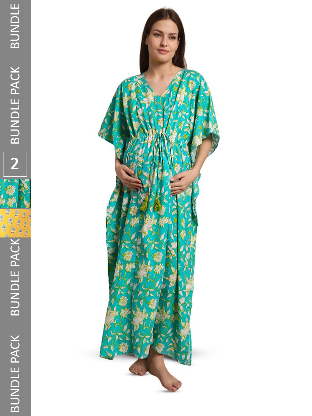 

Secret Wish Pack Of 2 Ethnic Motifs Printed Maternity Kaftan Nightdress, Yellow