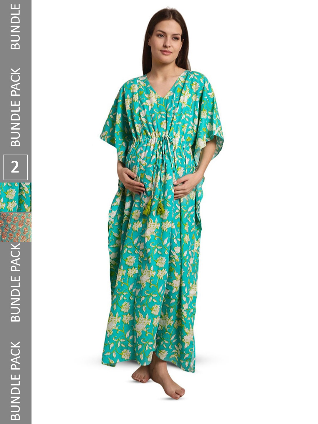 

Secret Wish Pack Of 2 Floral Printed Maternity Kaftan Nightdress, Blue