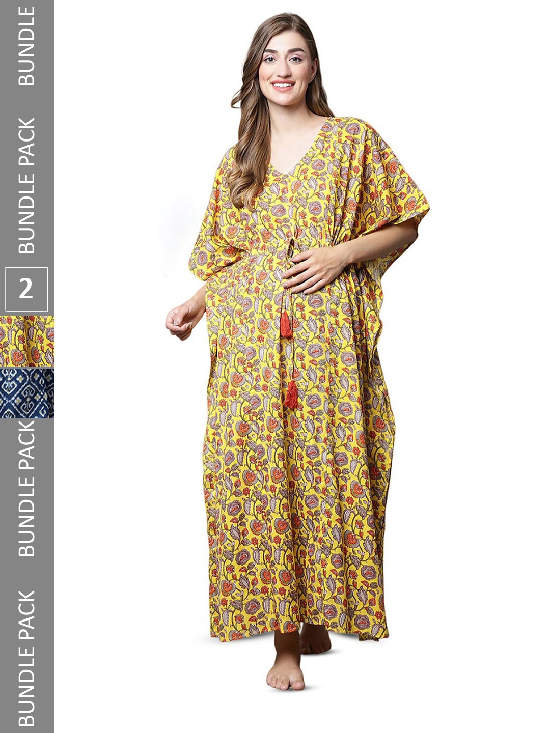 

Secret Wish Pack Of 2 Printed Maternity Kaftan Maxi Nightdress, Yellow