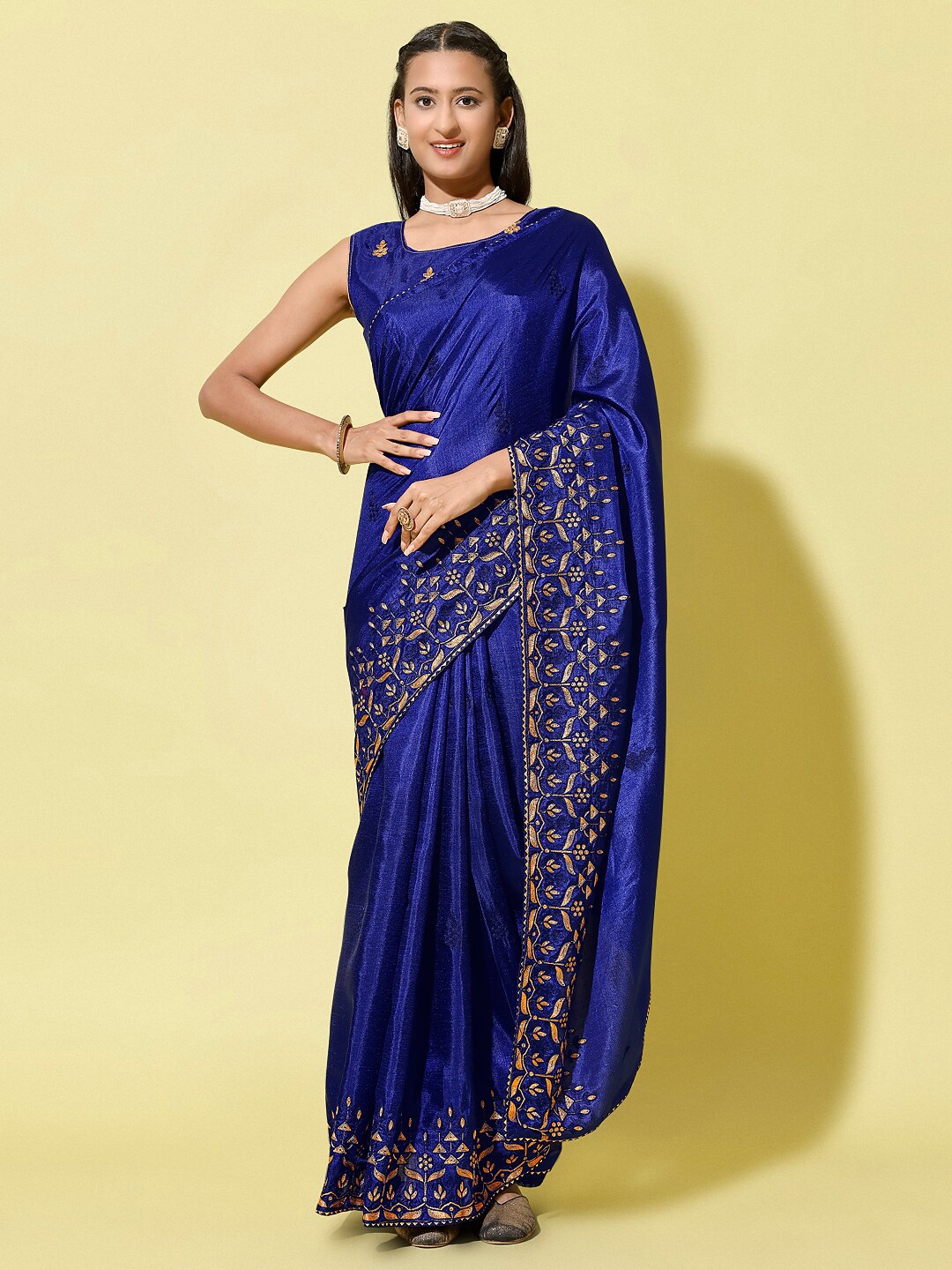 

Mitera Blue & Gold-Toned Ethnic Motifs Embroidered Silk Cotton Saree