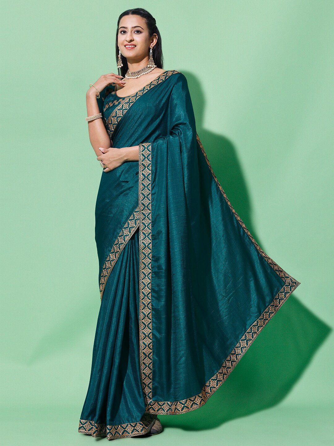 

Mitera Embroidered Border Silk Cotton Saree, Teal
