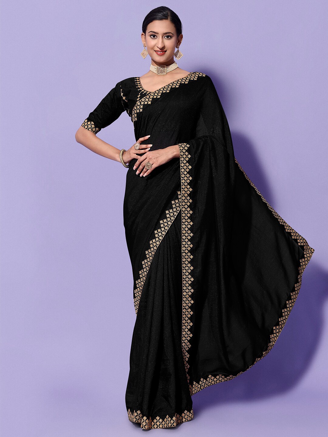 

Mitera Black & Gold-Toned Embroidered Silk Cotton Saree