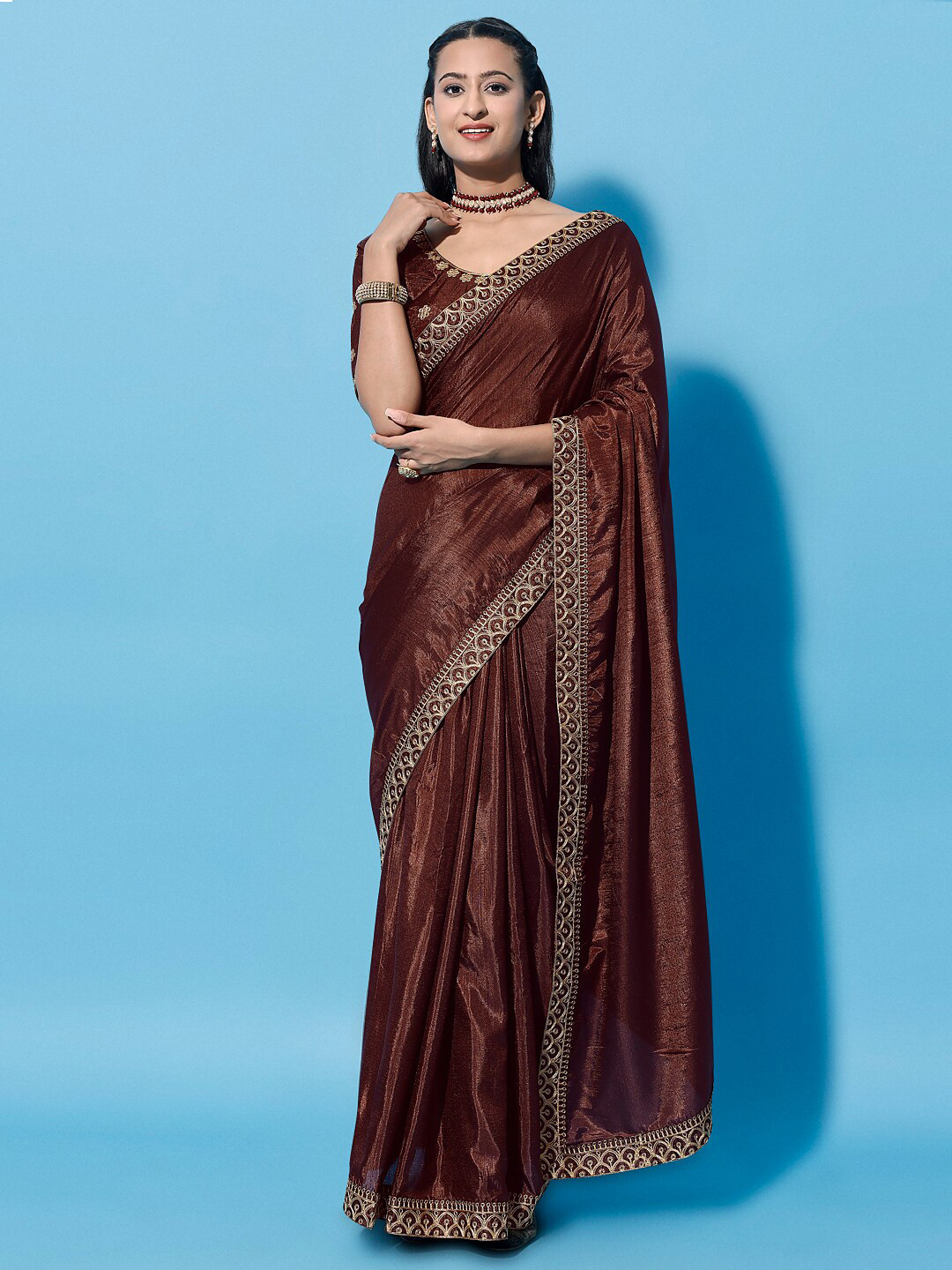 

Mitera Embroidered Border Silk Cotton Saree, Brown