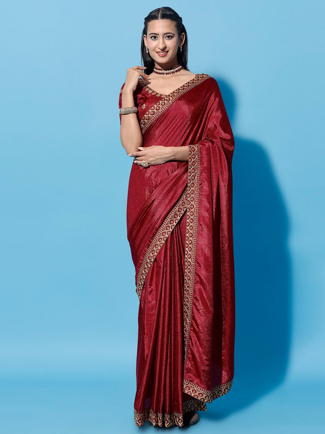 

Mitera Red & Gold-Toned Embroidered Silk Cotton Saree