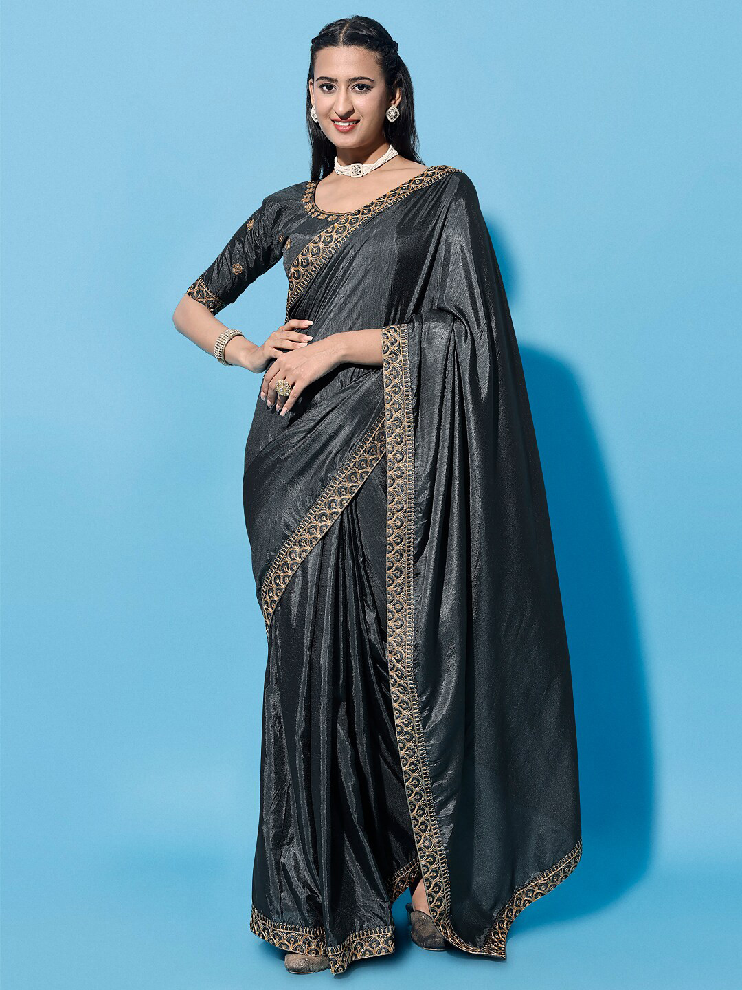 

Mitera Grey & Gold-Toned Embroidered Silk Cotton Saree