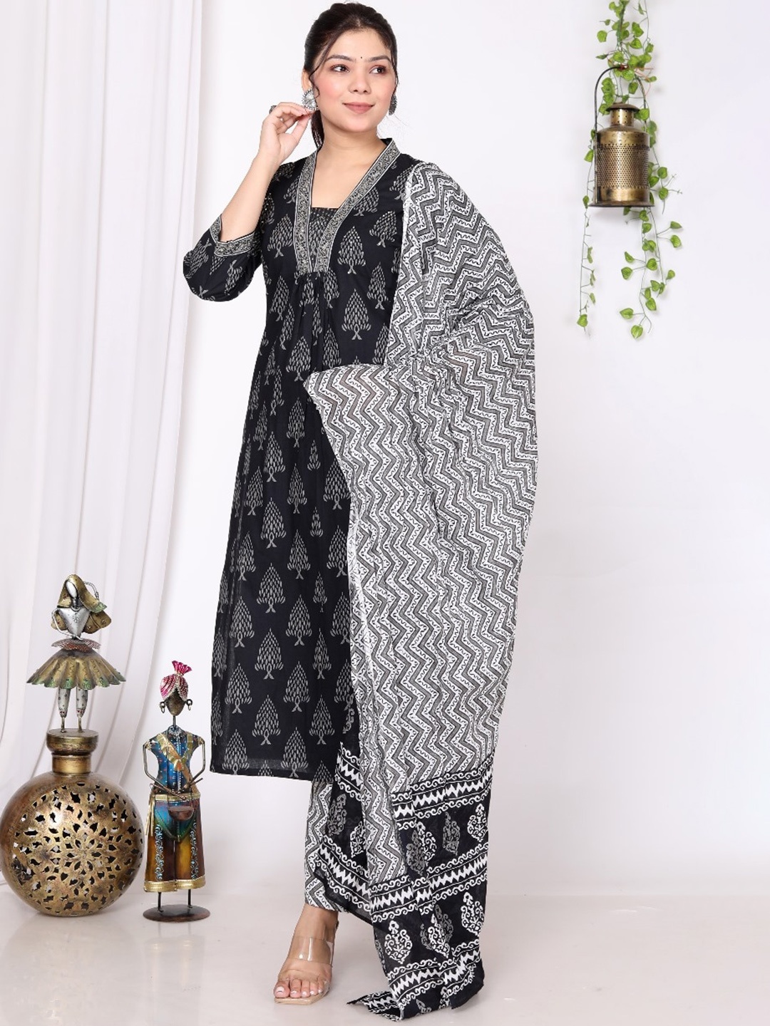 

Swasti Ethnic Motifs Printed Sequined Pure Cotton A-Line Kurta With Trousers & Dupatta, Black