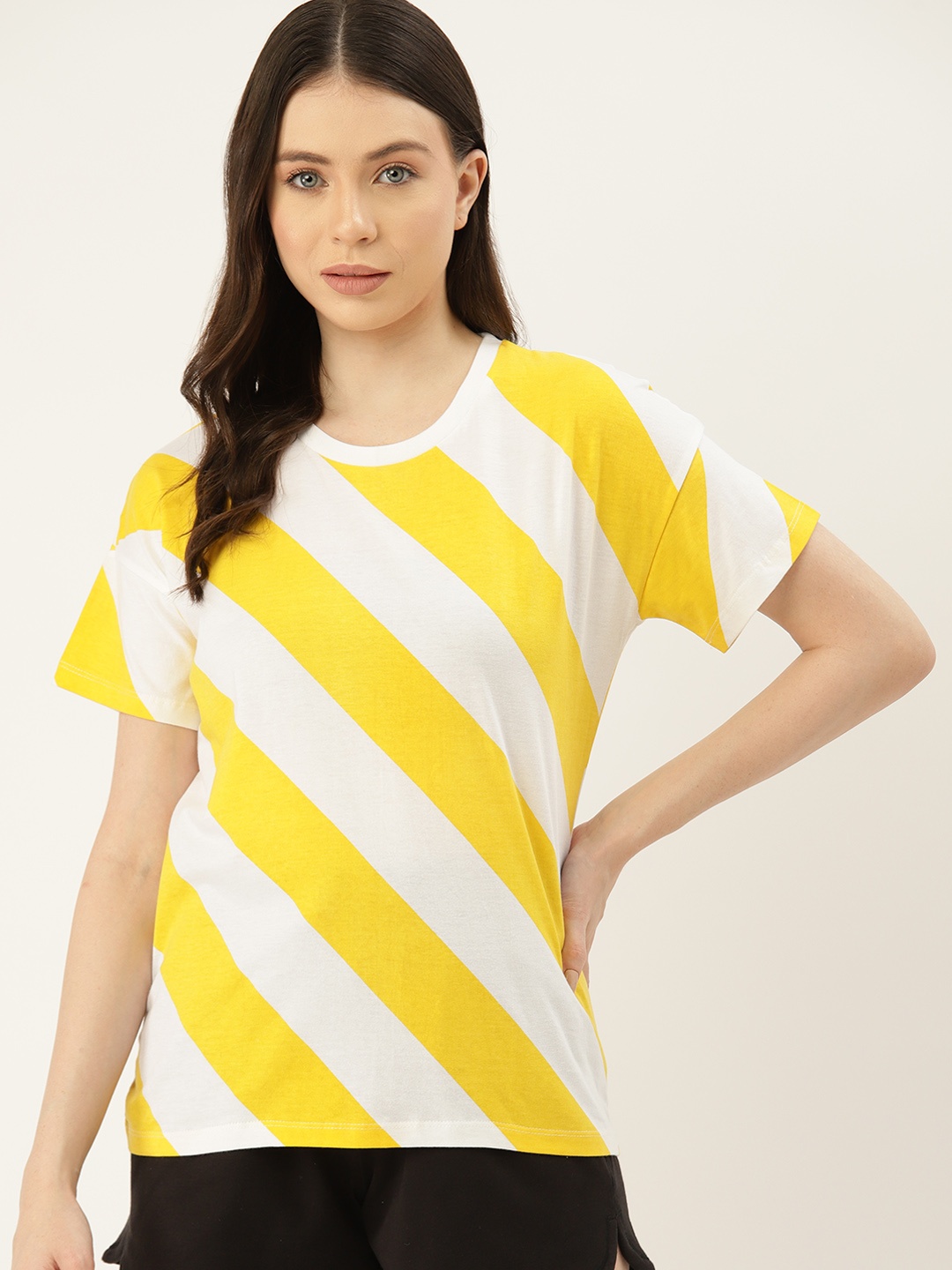 

ETC Women Striped Pure Cotton T-shirt, Yellow