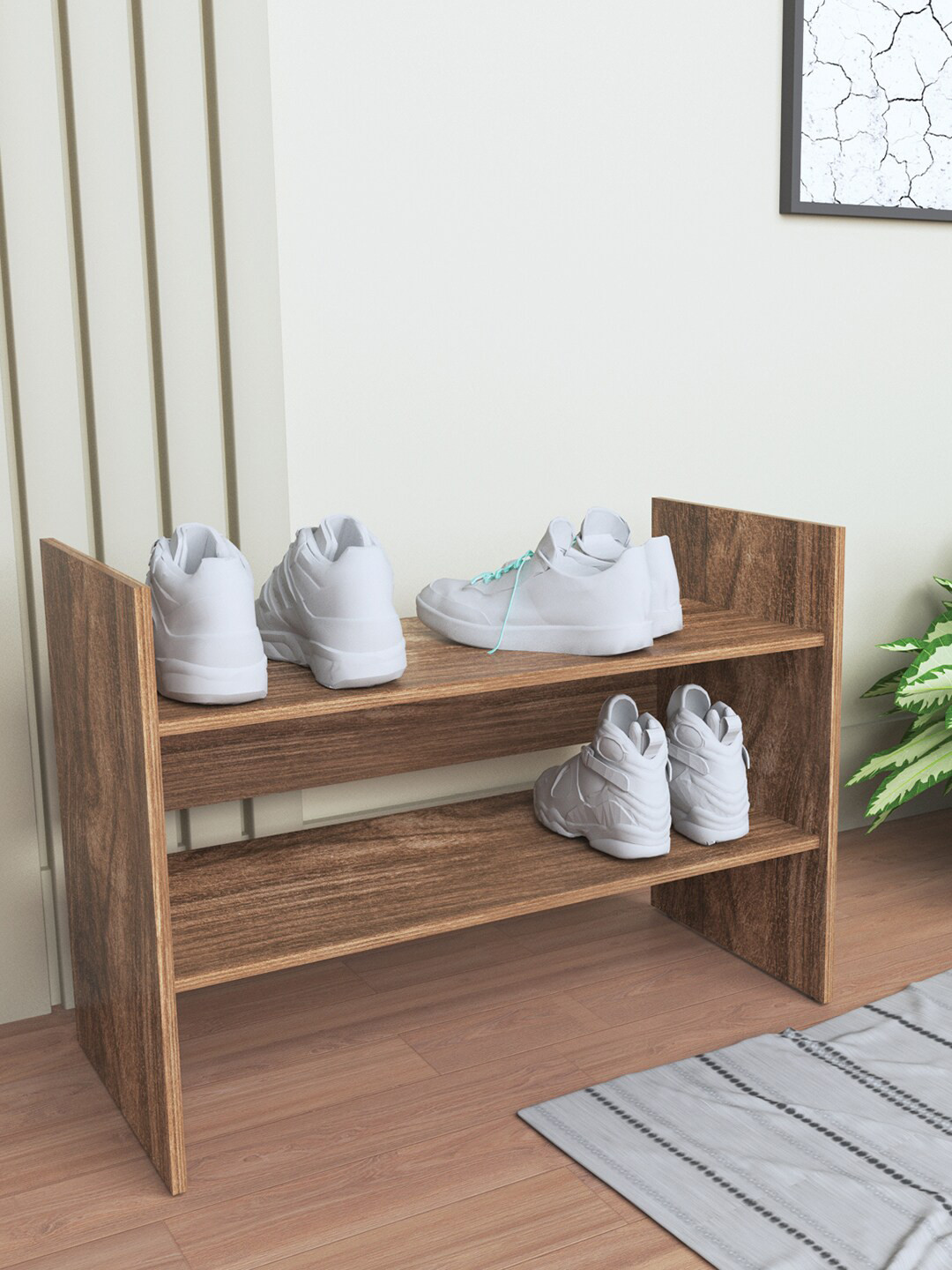 

RANDOM Brown Wooden Rack Shoe Organiser With 2 Shelves