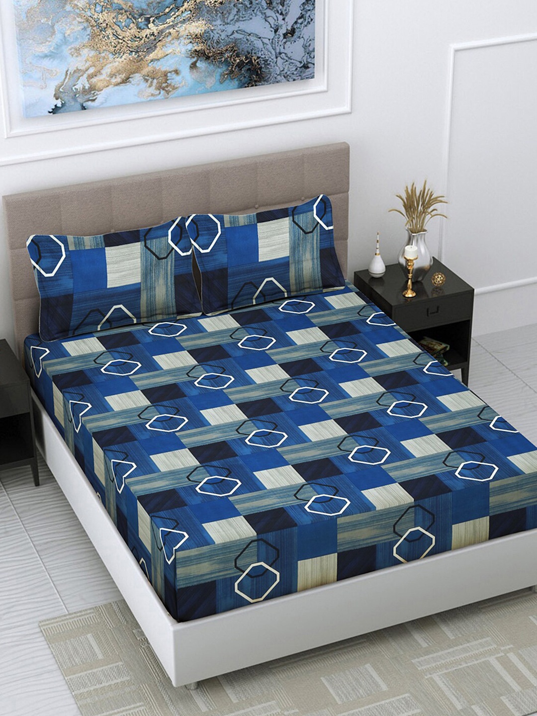

FABINALIV Blue & Black Geometric Print 300 TC Super King Size Bedsheet & 2 Pillow Covers